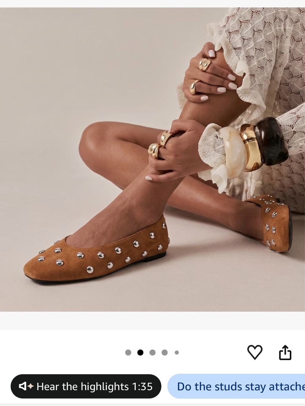 Stud-Embellished Suede Ballet Flat in Tan
